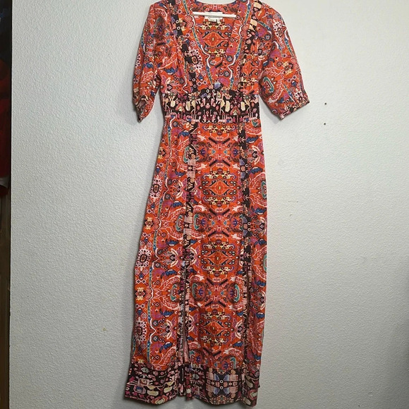 Anthropologie Floral Abstract Maxi Dress in Red Motif V Neck Boho Womens Size 2 - Picture 2 of 16